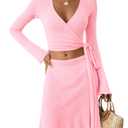 Saodimallsu Women Crochet Bathing Suit Cover Up Sheer Wrap Tie Crop Top Mini Skirt Set Bikini Cover Beachwear Pink
