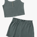 Girl's 2 Piece Outfits Waffle Knit Scoop Neck Button Down Crop Tank Tops Paperbag Waist Track Shorts, Color: Pure Green, Size: 10-11 Years