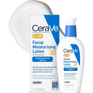 CeraVe AM Facial Moisturizing Lotion with SPF 30, Oil-Free Face Moisturizer with SPF, Formulated with Hyaluronic Acid, Niacinamide & Ceramides, Non-Comedogenic, Broad Spectrum Sunscreen, 3 Ounce
