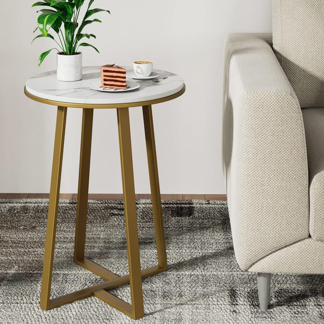 Dorriss Round End Tables, Small Side Table White Marble Texture MDF Top,Metal Frame Gold Color, Tall End Table for Bed Room,Coffee Tea End Table for Living Room (White Marble+Gold)