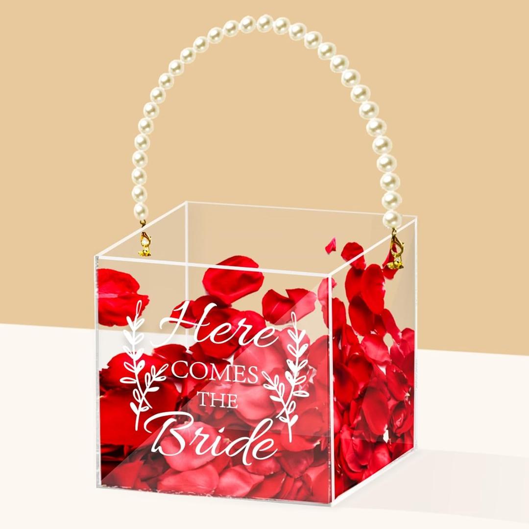 Clear Flower Girl Baskets for Wedding Acrylic Flower Basket With Pearl Handle Wedding Baskets for Flower Girls - Here Comes the Bride (1 Pcs)