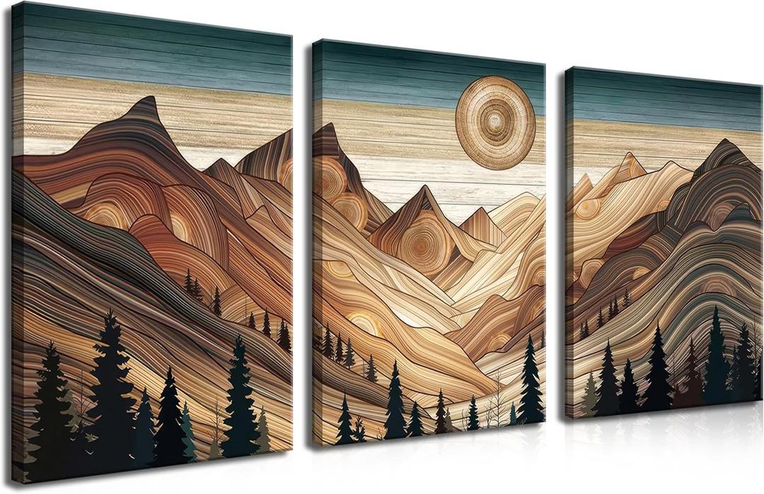 Framed Living Room Wall Art Set of 3 - Abstract Sun Mountain Canvas Paintings Prints, Nature Woodcut Forest Wilderness Wall Decor Art for Bedroom, Hallway, Home Office Decor - 16x24 Inches