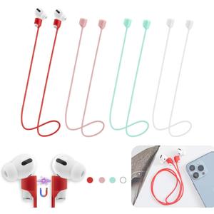 Magnetic Anti-Lost Straps for AirPods,4 Pack Ultra Strong Magnetic AirPods Strap Anti-Lost Neck Rope Cord,Soft Silicone Sports Lanyard Compatible with AirPods 1&2/ Pro /2nd/3rd (White+Red+Green+Pink)