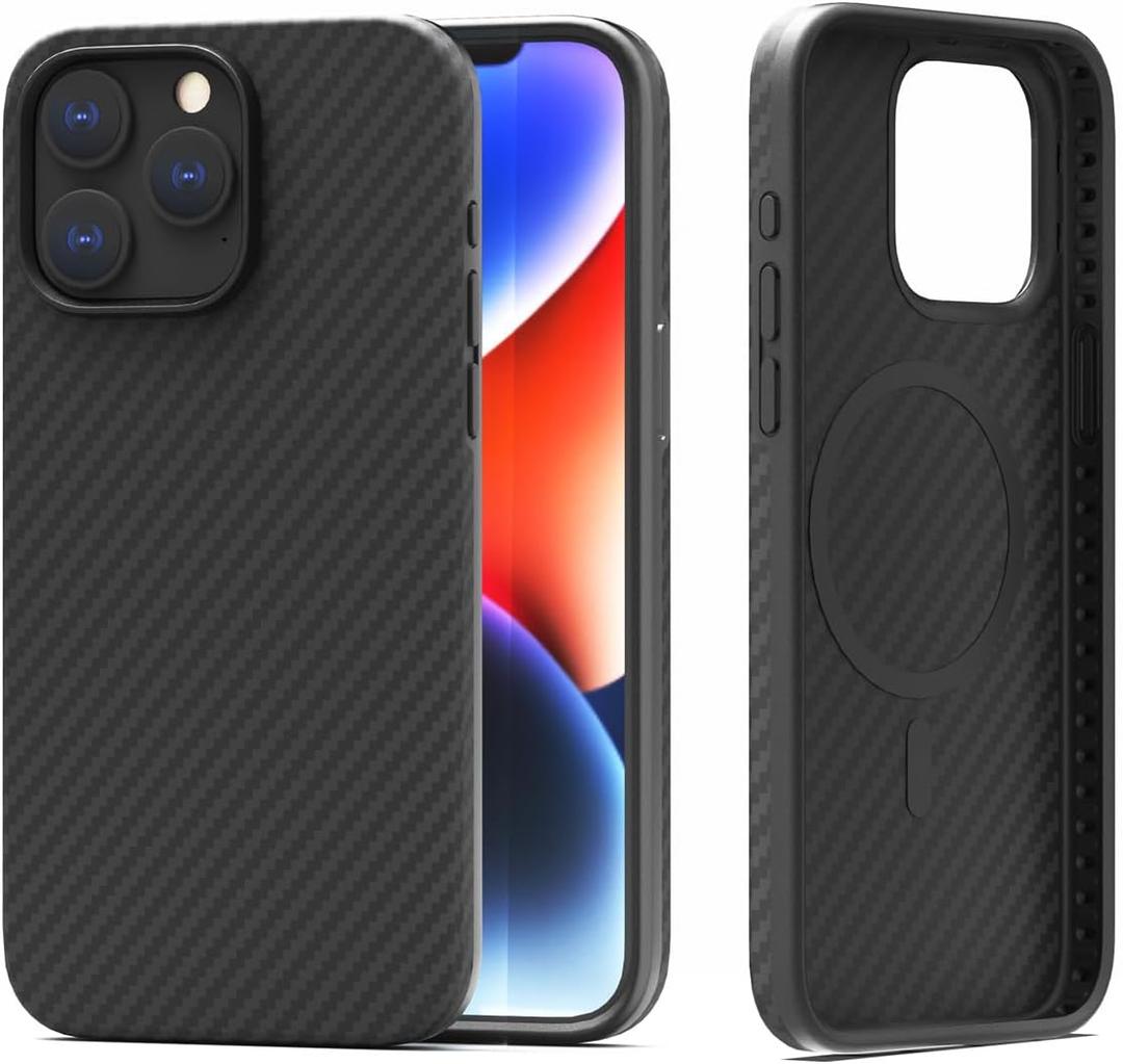 LOPIE Designed for iPhone 15 Pro Max Case Cover, Real Aramid Fiber Hard Cover with Carbon Fiber Finish, Military-Grade Drop Protection, Ultra Light Cover Compatible with Wireless Charging - Black