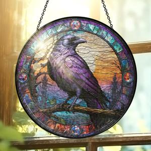FLAGWIX Black Raven Decor - Crow Stained Glass Window Hanging 10 in - Black Crow Sun Catchers Indoor Window for Gothic Home Decor, The Raven Gifts for Women Friends Family