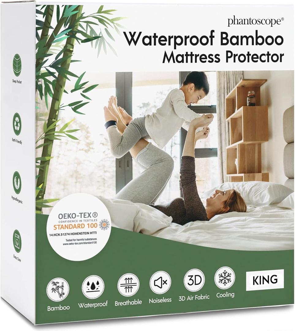 Phantoscope 100% Waterproof Mattress Protector, King, Mattress Cover 3D Air Soft Fabric, Mattress Pad Cover with 18'' Deep Pocket, Noiseless Washable, King Size (White)