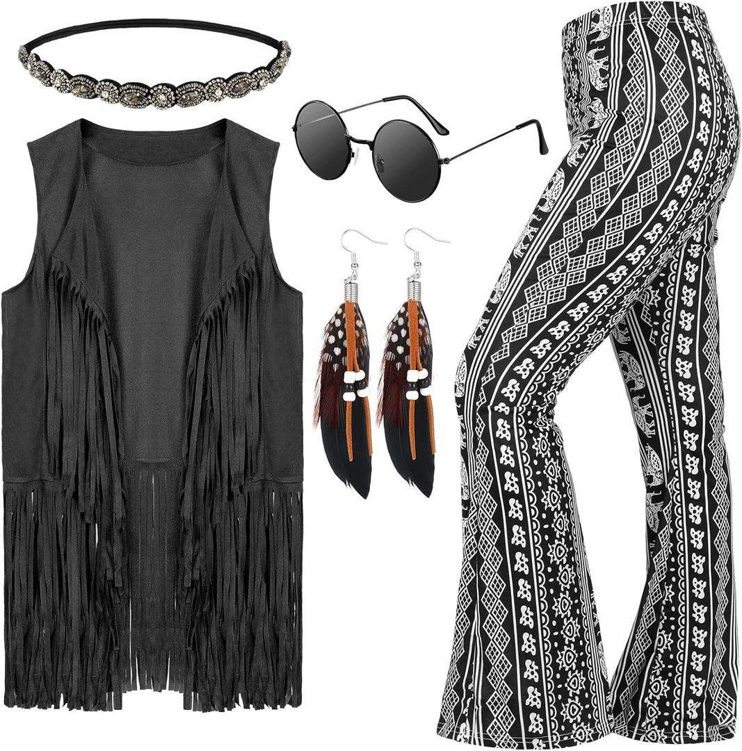 Leumoi 5 Pcs 60s 70s Costume for Women Disco Outfits Hippie Accessories Fringe Vest Boho Flared Pants Set for Carnival (X-Large, Classic)