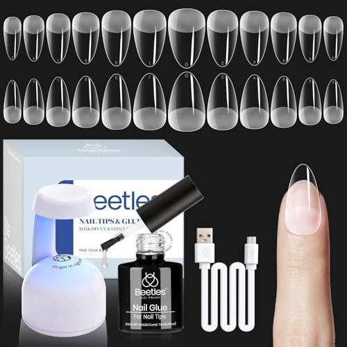 Beetles Gel Nail Kit Etch-X, Almond Short, 504pcs 12 Sizes Nail tips, with 9 in 1 Nail Glue Mini LED Light, Acrylic Half Matte Tips Press On Nail, Extension DIY Set at Home, Gift for Women & Girls