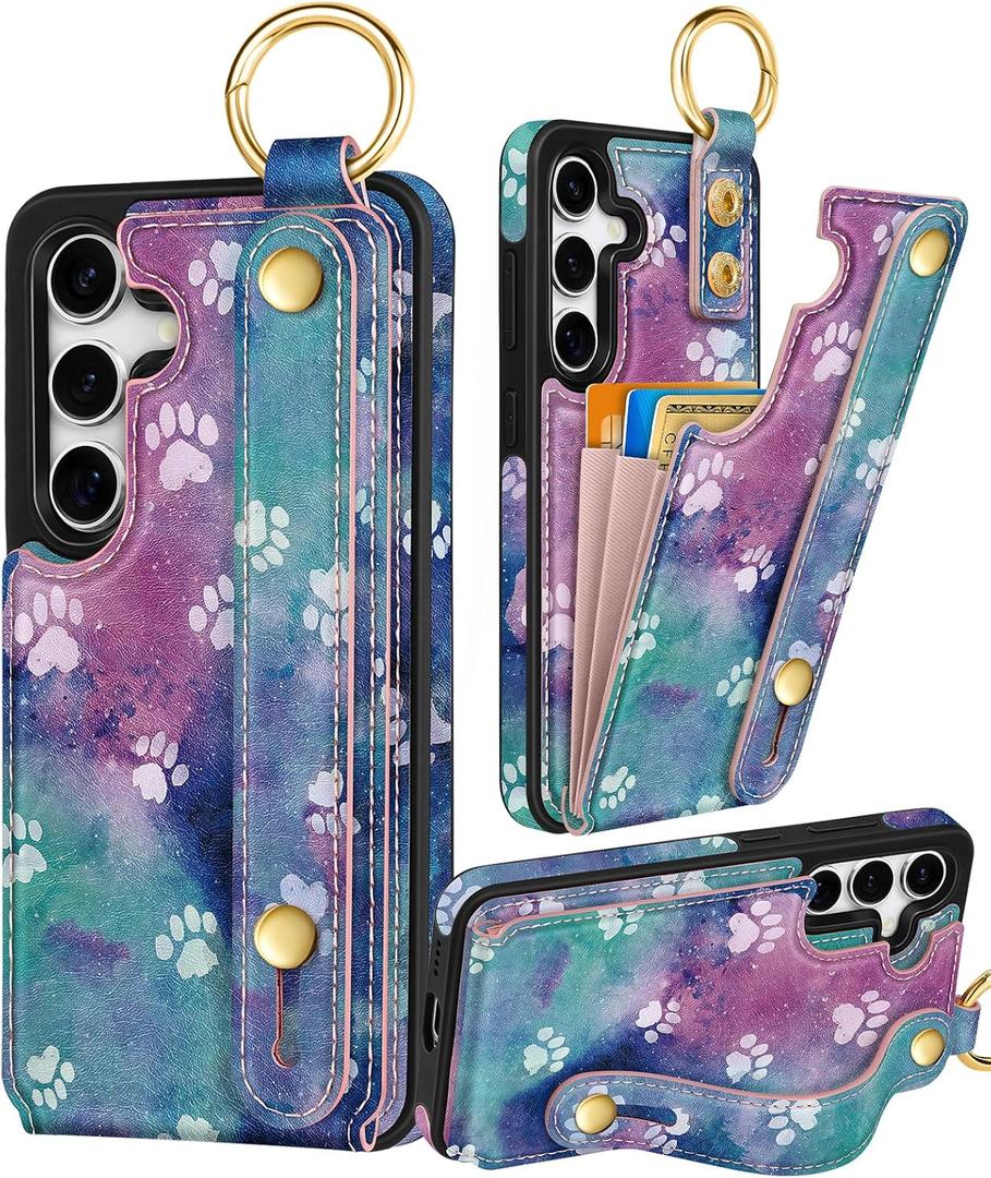 Petitian for Samsung Galaxy S25Plus/S24 Plus Case with Wallet - Women Girls Cute Girly Aesthetic Unique Design with Leather Credit Card Holder Cardholder Stand Wristband, Paw Purple