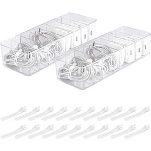 HOMEE 2PCS Cable Organizer Box With Lid, Plastic Charger Cable Cord Storage Organizer, Cable Box with 8 Compartments, Clear Charger Organizer Box for Home Drawer Office