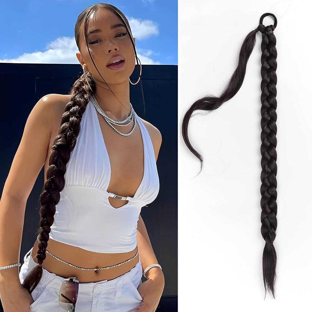 HAIRCUBE Long Braided Ponytail Extension with Hair Tie Straight Wrap Around Hair Extensions Ponytail Natural Soft Synthetic Hair Piece for Women Daily Wear 32 Inch 150 Gram (Black Brown)