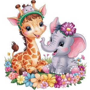 Children Vibrant Cartoon Wall Decal Decoration Cute Baby Giraffeand Elephant Happy Friends Garden Flowers Holiday Gift Lasts Years and Easily Removable - Size: 20 in(W) x 20 in(H)