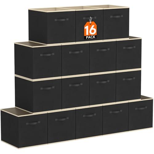 Lifewit Storage Cubes, Foldable Decorative Fabric Storage Baskets for Organizing Home Organizers with Handles for Shelves, Closet, 11 Inch Bins, 18L Black, 16 Packs