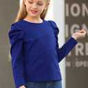 GORLYA Girl's Puff Sleeve Casual Solid T-Shirt Pullover Keyhole Back Blouse Tops for 4-14T Kids (Blue-long Sleeve)