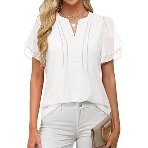 ANRABESS Womens Dressy Chiffon Blouses V Neck Petal Short Sleeve Shirts 2025 Summer Casual Business Office Work Tops, Size: M