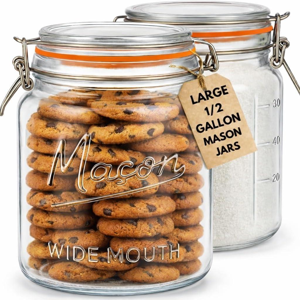kitchentoolz 64 oz Mason Jars Wide Mouth with Airtight Lids Set of 2 Half Gallon Glass Jar with Lid Large Mason Jars with Lids for Kitchen Pantry, Storage, and Canning, Pack of 2