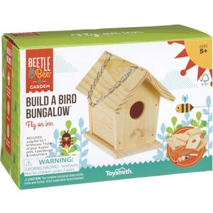 Beetle & Bee Build A Bird Bungalow - DIY Kid Art Craft Outdoor Birdhouse Kit, House Painting Kit for Kids, Hardware Glue Included- 4 Paints, 1 Brush, 7 Wooden Pcs, Chain For Tree Hanging Age 5+
