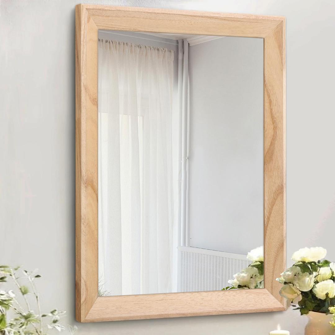 AAZZKANG Rustic Mirrors for Wall Rectangle Wood Frame Mirror Large 28"x20" Decorative for Farmhouse Bedroom Bathroom Living Room Large, Beige 