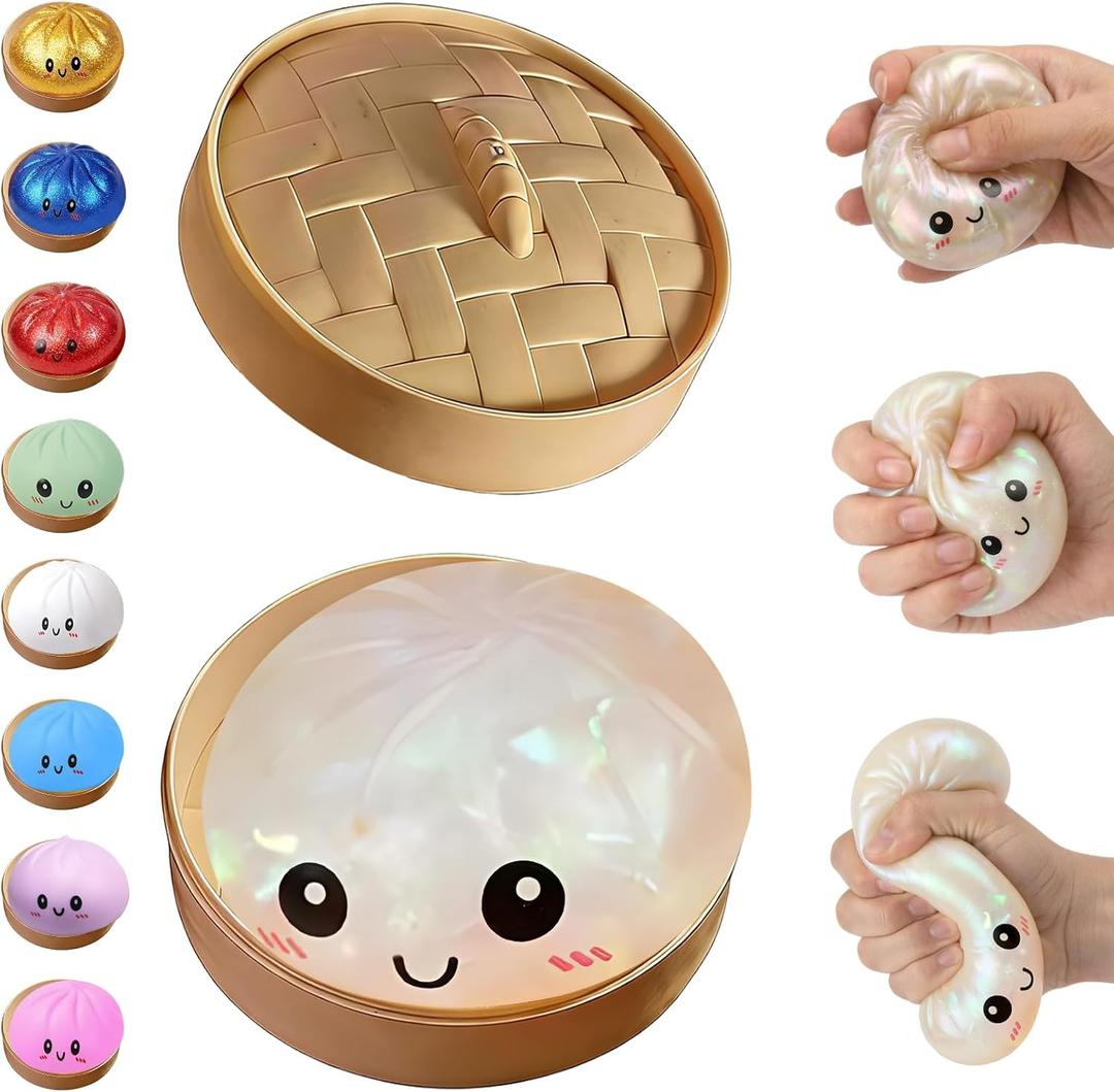 Glitter Dumpling Squishy,Dumpling Squishies,Glitter Dumpling Mystery Box,Colorful Dumpling Stress Balls Fidget,Jumbo Squishy Toy with Steamer Box,Soft Squeeze Decompression Dough (Glitter White)