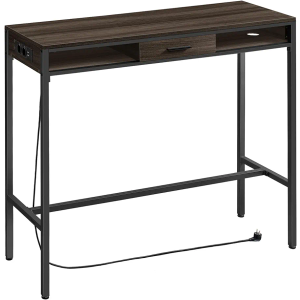 VASAGLE Bar Table, Pub Table with Power Strip and Removable Drawer, Non-Woven Fabric, Hooks, 40 x 120 x 105 cm, Ash Brown LBT029K02