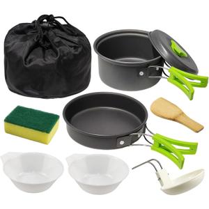 7Pcs Camping Pan Set - Backpack Cookware Pot and Pans Set, Survival Cooking Kit for Hiking, Picnic (Green)
