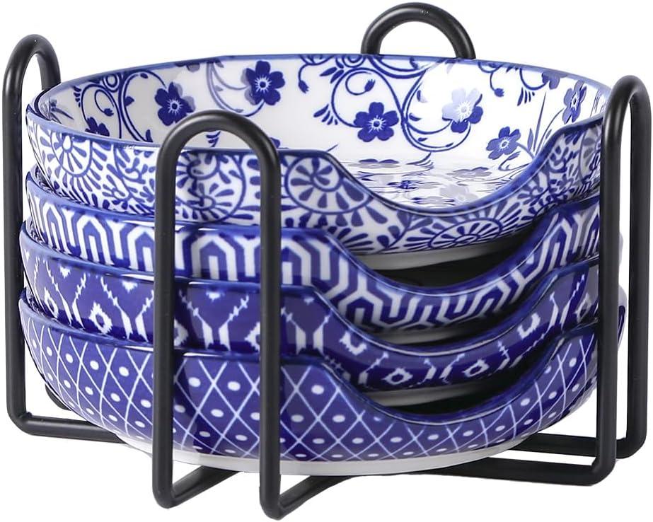 Selamica Ceramic Spoon Rest with Holder, 4.8 Inch Spoon Rest for Stove Top, Spoon Holder for Kitchen Counter, Coffee Spoon Holder, Utensil Rest for Cooking, Ladles, Tong, Set of 4, Vintage Blue