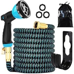 100 ft Expandable Garden Hose - Kink Free Flexible Water Hose with Thumb-Controlled 10-Function Nozzle, 3/4 Solid Brass Connectors, Retractable Latex Core - Lightweight Expanding Hose