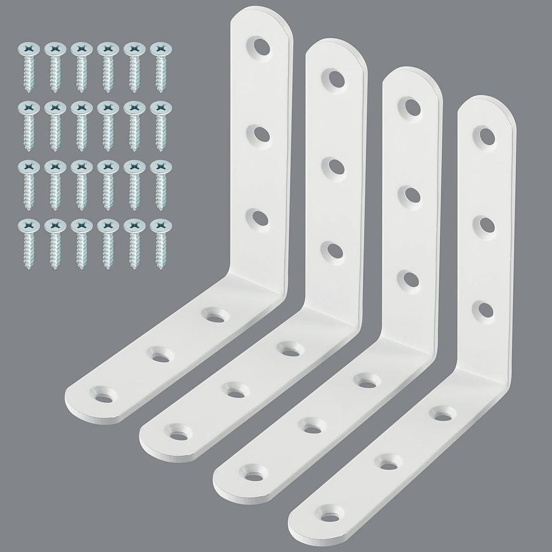 Alise 4 PCS L Brackets Heavy Duty Corner Bracket, 3.2 X3.2 Inch White Floating Shelf Brackets for Shelves, Stainless Steel L Shape Wall Mounting Brackets, Metal L Joint Angle Bracket for Wood Shelving