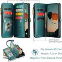 Defencase for Google Pixel 10/Pro Case, RFID Blocking Wallet Case for Pixel 10 & 10 Pro Soft PU Leather Magnetic Snap Flip Zipper Strap Card Holder Phone Cases for Women Men, Blue Green