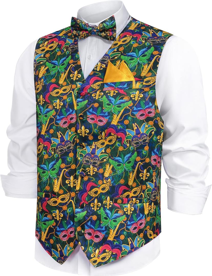 Mardi Gras Vest for Men,Mardi Gras Outfit Vest with Bow Tie,Men Carnival Tuxedo Suit Vests (XXXL)