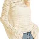QUALFORT Women's Crochet Sweater, Hollow-Out Knit Long Sleeve Pullover (L)