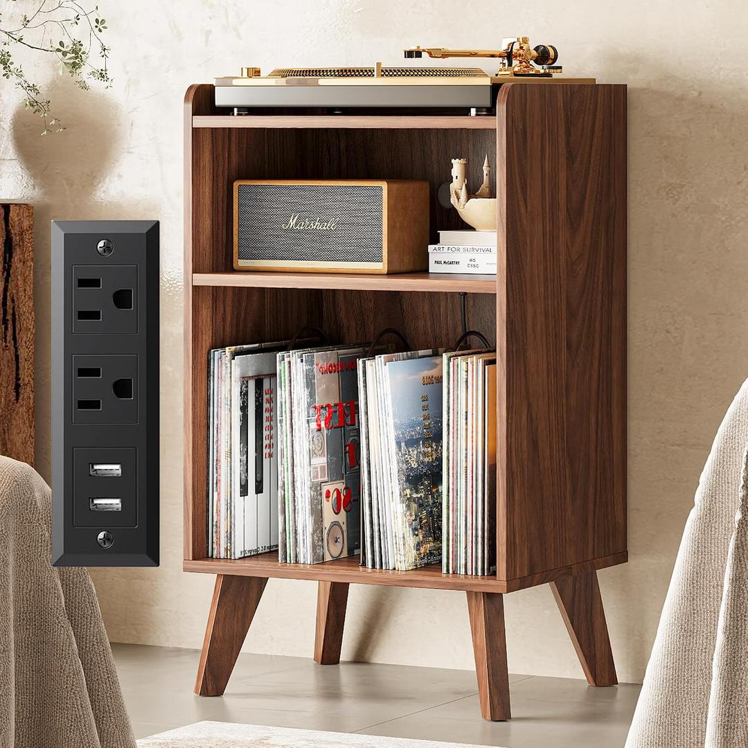 Record Player Stand, Turntable Stand with Record Storage and Charging Station & USB Ports, Record Player Table with Metal Divider, Record Stand Up to 160 Albums for Living Room, Bedroom Walnut, 19.6" x 15.7" x 31.8"