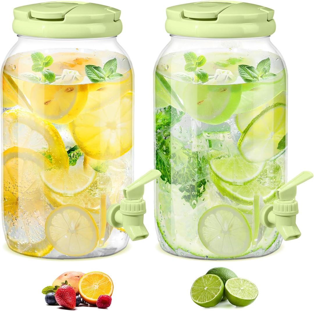 Havawish 2 Pcs 1 Gallon Plastic Beverage Dispenser with Spigot Clear Summer Kitchen Fridge Drink Dispenser for Parties Lemonade Juice Tea Beer Cold Water(Green,Cylinder)