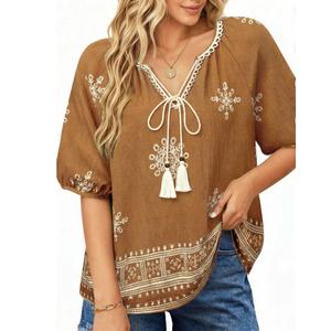 UVN Summer Tops for Women Short Sleeve V Neck Boho Casual Blouses Ladies Floral Print Tie Front Flowy Shirts, XL