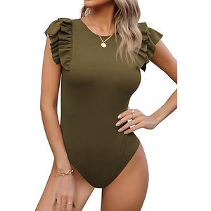 Missufe Women's Round Neck Ruffle Flutter Sleeve Slim Fit Ribbed Knit Casual Summer Bodysuit Tops L