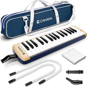 CAHAYA Melodica Instrument 32 Keys: Double Tubes Mouthpiece Air Piano Keyboard Musical Instrument Gift with Carrying Bag Beige Blue