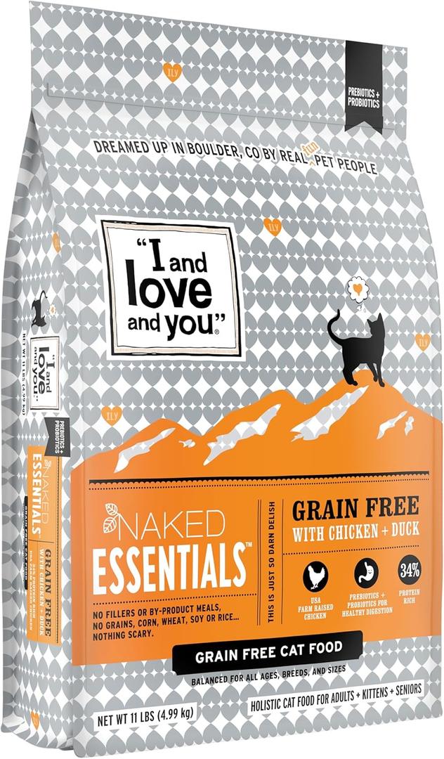 I and love and you Naked Essentials Dry Cat Food - Chicken + Duck - Grain Free, Real Meat, No Fillers, Prebiotics + Probiotics, 11lb Bag, Best By 11/30/2025
