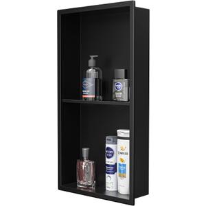 Stainless Steel Shower Niche 24" X 12" Matte Black No Tile Needed Niche Shower with Double Shelves Recessed Wall Niches for Bathroom Space Saving Over Mount Installation