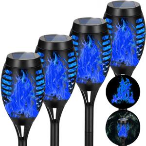 4 Pack Solar Torch Lights Outdoor Waterproof - Blue Flickering Flame, Outdoor Solar Garden Lights for Yard, Tiki Torches for Outside Patio Pathway Decorations