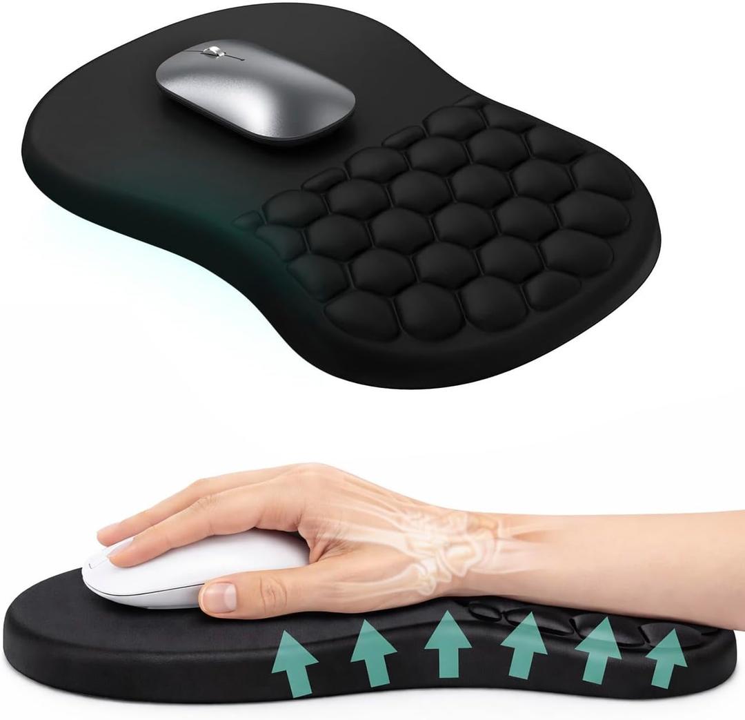 Ergonomic Mouse Pad with Wrist Support & Massage Design  Memory Foam Cushion, Non-Slip PU Base  Carpal Tunnel Pain Relief for Wireless Mouse & Desk Use  12x8 Inch (Black)