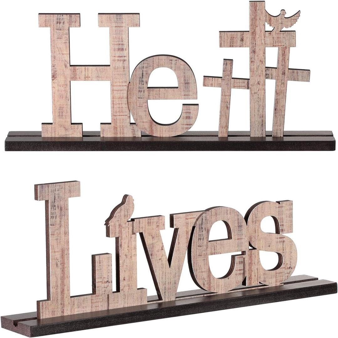 Jetec 2 Pieces He Lives Table Top Decoration Easter jesus decor Religious Christian Wooden Table Sign Easter Gifts Jesus Cross Inspirational Ornament Rustic Tabletop Decoration for Holidays