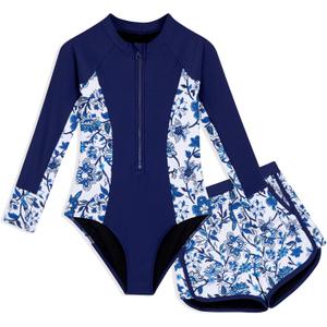 Girls Rash Guard Swimsuit 2 Piece Long Sleeve One Piece Bathing Suits with Swim Shorts Kids UPF 50+ Swimwear Sets 8Y