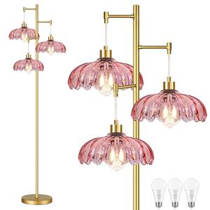 QIYIZM Pink Floor Lamp for Living Room,Bedroom,Gold Mid Century Modern Standing Lamp Brass Tree 3 Light Tall Floor Lamps Vintage Retro Floor Lights Glass Flower Lamp Shade Farmhouse Boho Bohemian