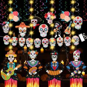 29 Pcs Day of The Dead Decorations Sugar Skull Hanging Swirl Decorations Sugar Skull Banner with LED String Lights for Dia De Los Muertos Fiesta Party Supplies (Fresh)