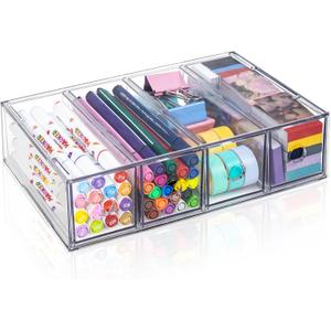 Desk Organizer with 4 Drawers, FODIENS Stackable Desktop Storage Box with Removable Drawer, Clear Sunglasses Organizer Display Case for Stationery Marker Pens Eyeglasses Office Supply