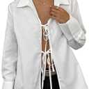 Linen Tops for Women - V Neck Tie Front Tops Long Sleeve Blouse Shirt Top Summer Casual Going Out Tops (White, XXL)