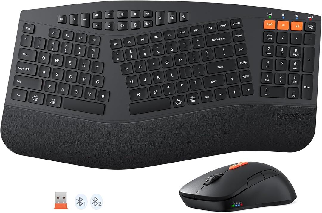 MEETION Ergonomic Keyboard and Mouse, Multi-Device Bluetooth Keyboard and Mouse Wireless, 4 DPI Adjustable Mouse, Full-Sized Split Keyboard, for PC/Computer/Laptop/Tablet/Window/Mac