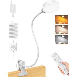 Glocusent 5W Reading Light for Bed, 36 LED Eye Caring Bed Lamp, 3 Colors & 5 Brightness Levels for Headboard with Adapter, Perfect Clip on Light for Reading, Working & Studying (White with Remote)