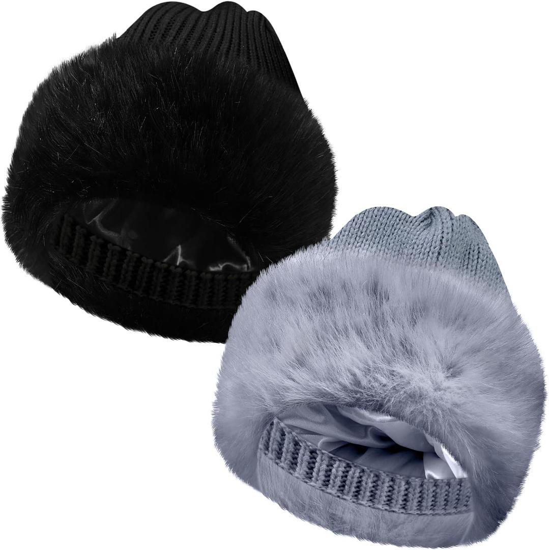 2 Pcs Faux Fur Knit Beanie Winter Satin Lined Beanie Hat Warm Cuffed Plain Hat with Lining for Men Women (Black and Grey)