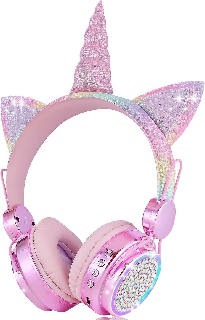 Kids Wireless Headphones for Girls Children Teens, LED Light Up Bluetooth Unicorn Headphones with Microphone for School/Xmas/Online Study/Unicorn Gifts (Pink Wireless)